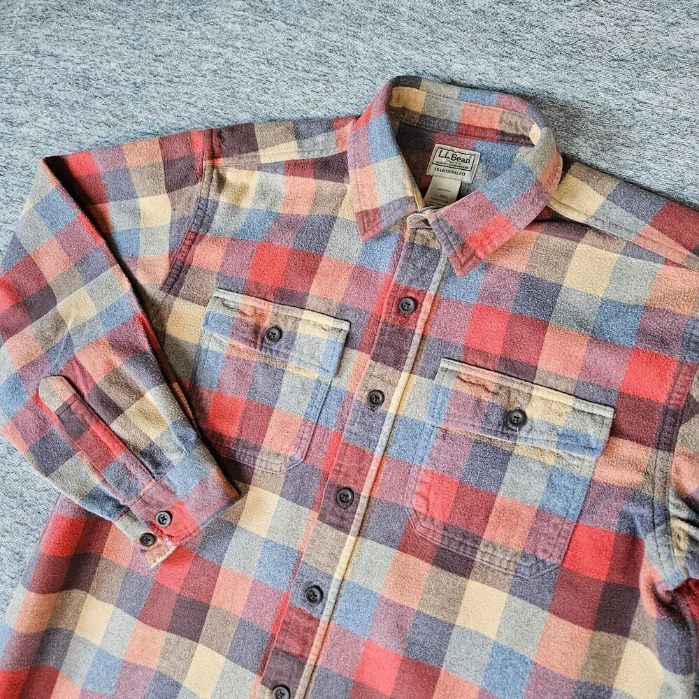 LL Bean Red Blue Plaid Traditional Fit Men's Large Flannel Long Sleeve Shirt EUC